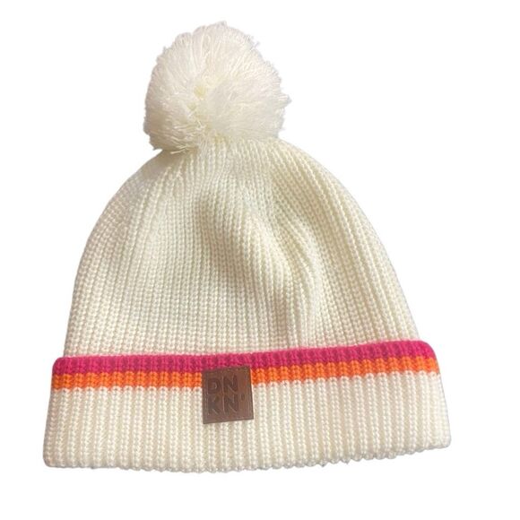 Dunkin Donuts winter hat white  pink orange stripe - Picture 1 of 5